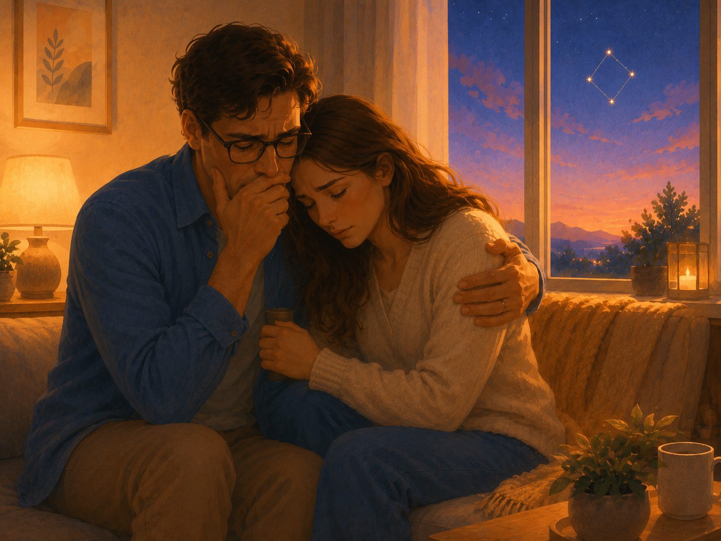 Two parents absorbing the news at dusk