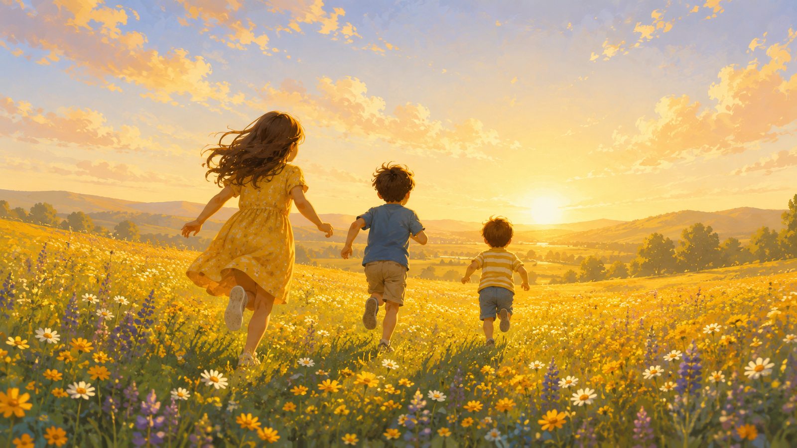 Three children running free in a meadow at sunrise